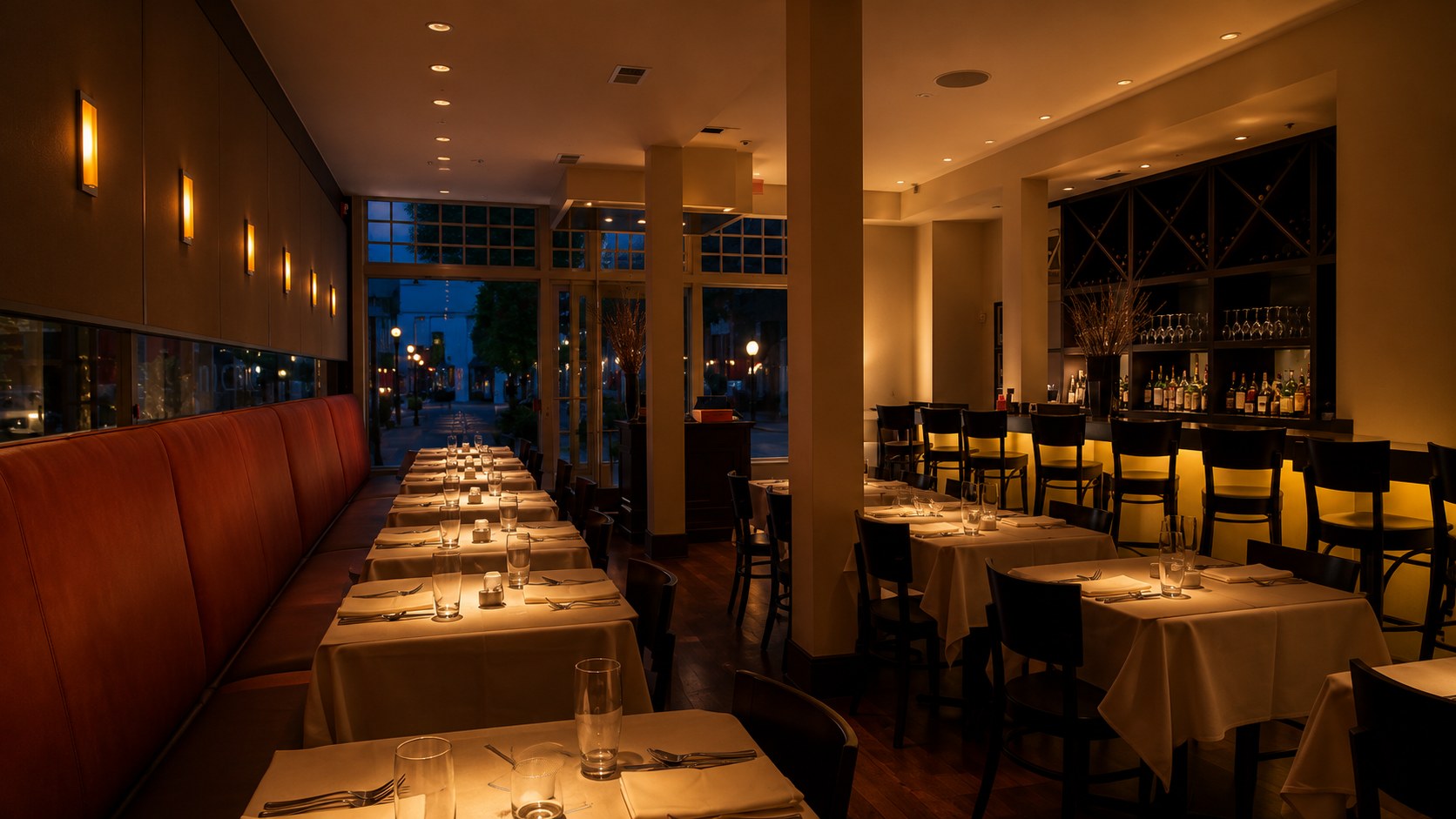 Restaurant dining room at dusk, red leather banquette and lit bar