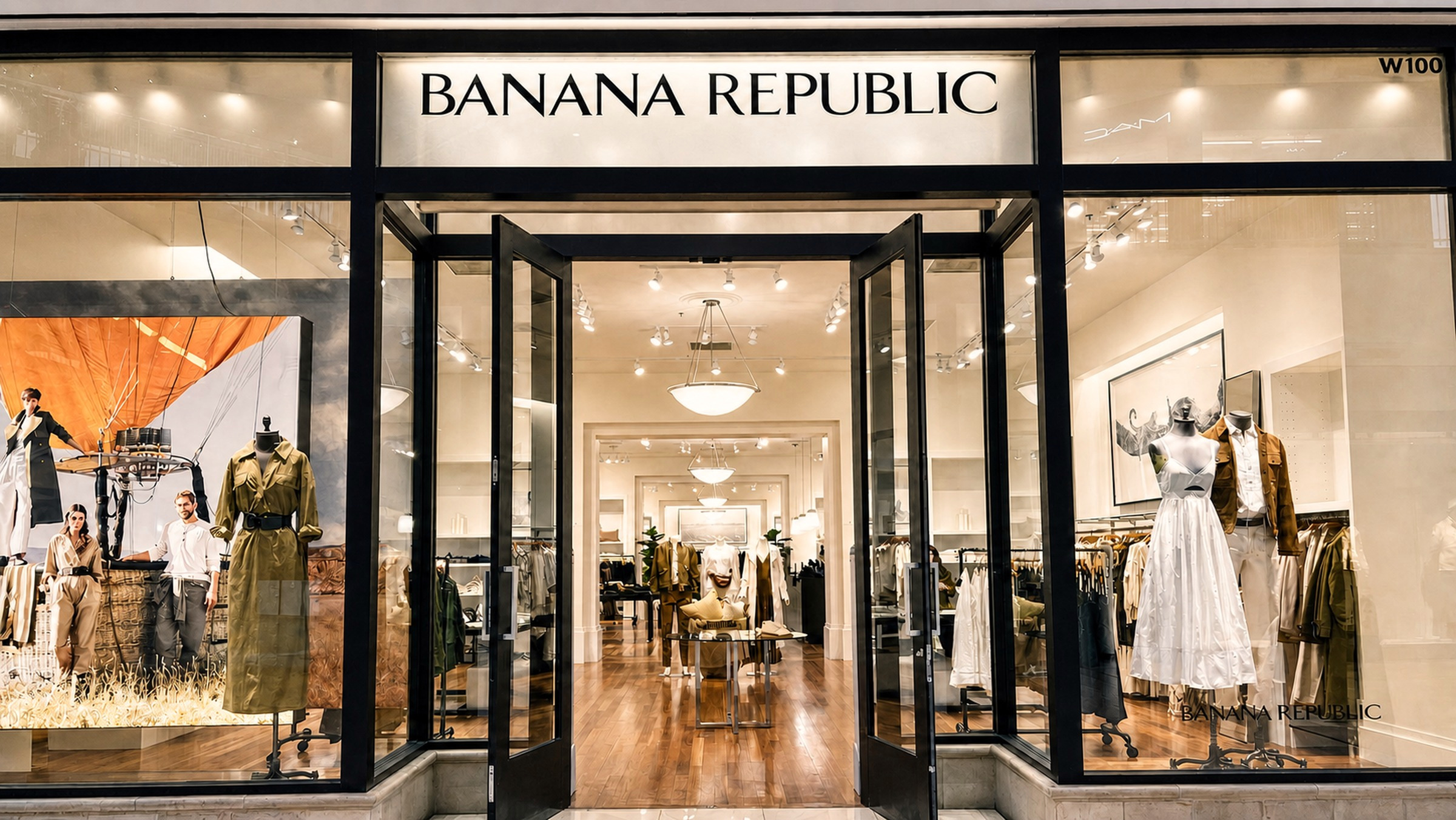 Banana Republic mall storefront opening into a warm wood-floored interior